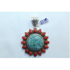 Handmade 925 Sterling silver Tibetan Pendant Turquoise n Coral Stones..